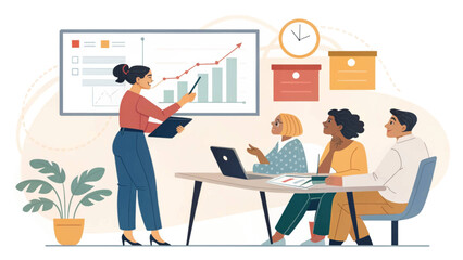 A diverse business team collaborates in a modern office, analyzing growth charts during a professional presentation. Ideal for business, education, and teamwork concepts.