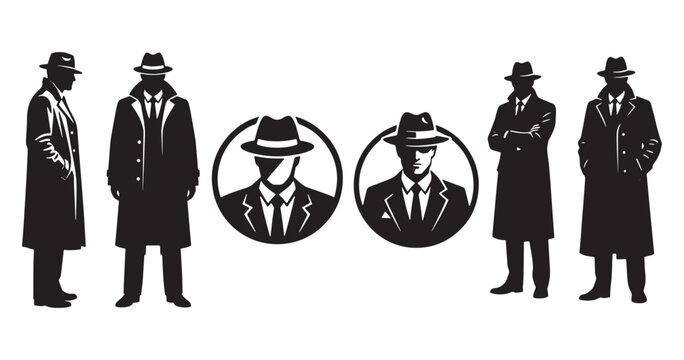 Detective man silhouette set in suit and hat vector