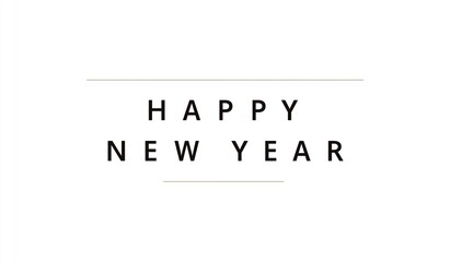 Bold happy new year text centered on white background with ample negative space, elegant minimalist typography design for print artwork or graphic element