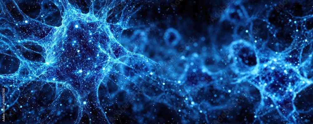 Poster dark blue and glow particle abstract background concept. abstract blue neural network pattern with g