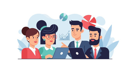 Professionals in a business meeting, using laptops and discussing data visualizations, symbolizing teamwork, strategy, and corporate growth.