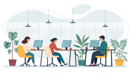 Diverse team of professionals focused on their work at computers in a modern, green open-plan office. Ideal for business, productivity, and corporate concepts.