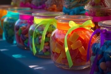 Fototapeta premium Colorful jars filled with assorted candies at a vibrant outdoor market during a sunny day celebration