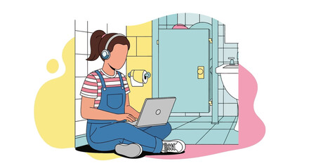 Focused person in headphones works on a laptop, sitting on a public restroom floor, symbolizing remote work flexibility and the search for quiet productivity.