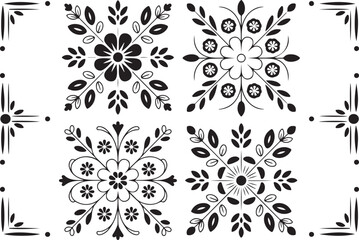 Fototapeta premium Elegant floral ornament vector set featuring black and white flower silhouettes