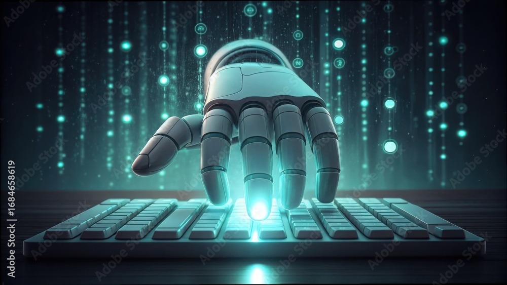 Poster futuristic robotic hand hovering over glowing keyboard with data stream