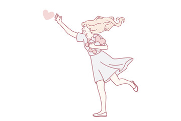 Heart, love and happiness concept. Young smiling woman cartoon character walking collecting red hearts in hands feeling love vector illustration