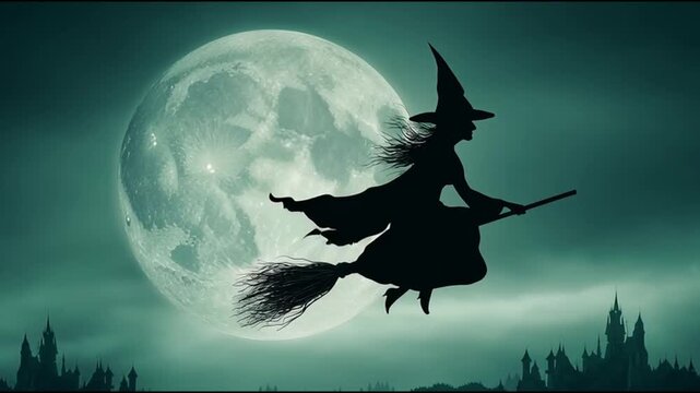 Halloween witch silhouette flying on broomstick across full moon in night sky, mysterious castle and spooky fantasy landscape create magical and eerie halloween scene with dark magic atmosphere