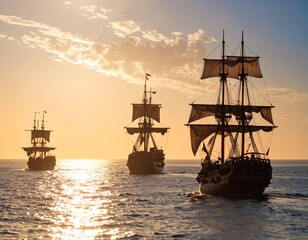 A wide, shot of Christopher Columbus's three ships - the Niña, Pinta, and Santa Maria 