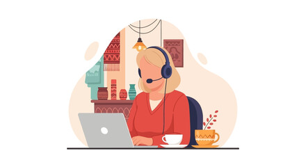Blonde woman with headset working remotely on laptop from a cozy home office, ideal for business, customer service, or freelance concepts.
