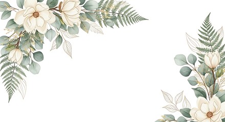 Watercolor Magnolia and Eucalyptus Corner Border with Golden Accents on White