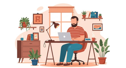 A man works on his laptop in a cozy, plant-filled home office, embodying modern remote work and productivity. Ideal for business and lifestyle themes.