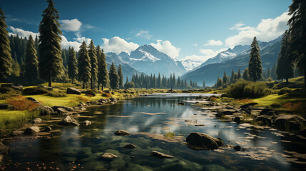 A tranquil alpine lake reflects the majestic mountains, lush forests, and a clear blue sky