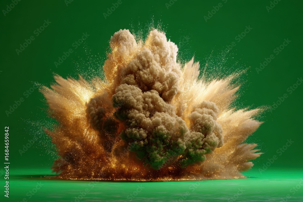 Poster golden explosion expands dramatically against a vibrant green backdrop, creating a stunning visual s