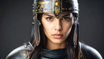 Close-up portrait of a woman wearing ancient-style armor, showcasing a determined and powerful expression against a dark backdrop.