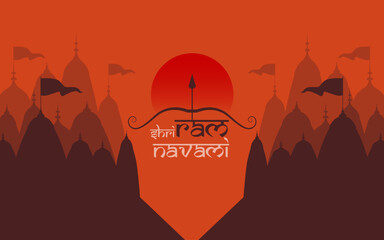 Illustration of Lord Ram bow arrow and temple background for Indian festival Ram Navmi.