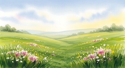 Watercolor Painting of Rolling Green Hills and Wildflowers Under a Cloudy Sky