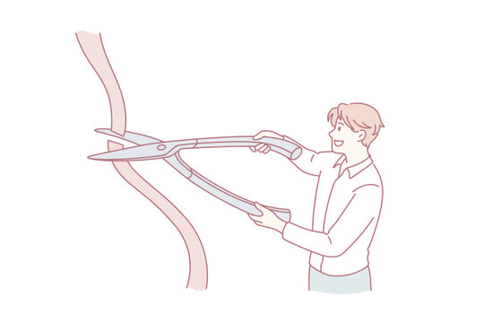 New beginning and startup concept. Young smiling businessman cartoon character cutting huge red ribbon with scissors vector illustration