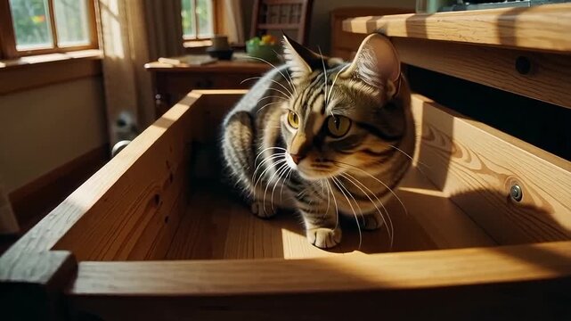 Curious tabby cat explores an open wooden desk drawer bathed in warm, inviting sunlight, creating a cozy and playful domestic scene.
