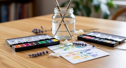 Watercolor Painting Still Life with Lavender and Brushes
