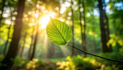 Obraz premium Sunlit Leaf in Forest. A single, vibrant green leaf, glistening with the morning dew, hangs gracefully against a backdrop of a sun-dappled forest, creating a sense of peace and rejuvenation.