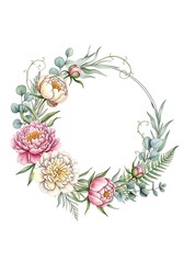 Watercolor Peony and Eucalyptus Wreath with Delicate Ferns and Silver Frame
