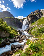 A breathtaking mountain waterfall cascades down rocky cliffs into a serene stream, surrounded by vibrant wildflowers and lush greenery, bathed in the sunlight of a clear summer day.