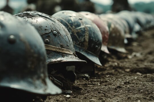 Helmets arranged in a row on a deserted battlefield showcasing remnants of military conflict from the past