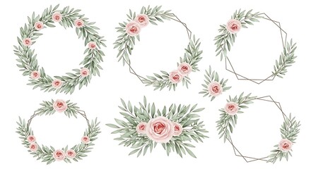 Watercolor Rose and Olive Branch Frames and Wreaths on White Background