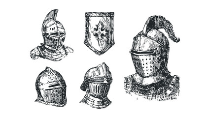 Collection of Medieval Knight Helmets and Shield in Sketch Style. Vector hand drawn illustration