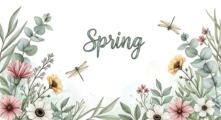 Watercolor Spring Floral Frame with Dragonflies and Eucalyptus on White Background
