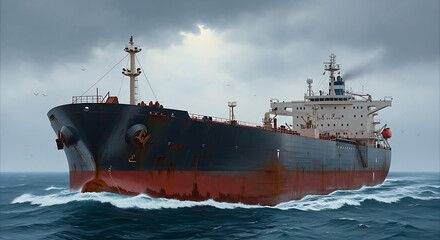 Massive cargo ship navigates rough seas under dramatic cloudy sky, symbolizing global trade and resilience.