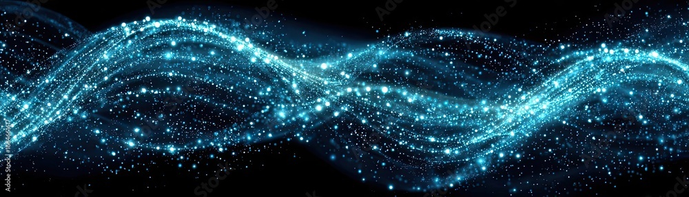 Poster dark blue and glow particle abstract background concept. abstract glowing waves of light with sparkl