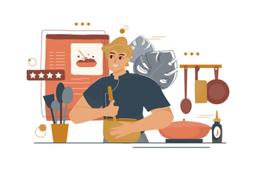 Flat Illustration of a Man Cooking Food with Recipe and Utensils
