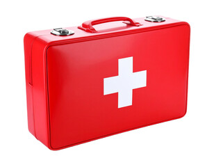 Fototapeta premium A red medical first aid bag, a crucial accessory for health and emergencies, isolated on a white background.