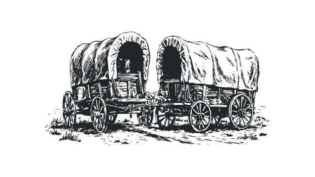 Vintage Conestoga Wagons in Sketch Style. Vector hand drawn illustration