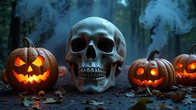 Spooky 3D Halloween scene with a central skull, surrounded by pumpkins, and eerie mist, perfect for holiday videos and festive content.