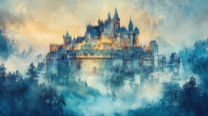 Fototapeta premium Enchanting Fairytale Castle in Misty Forest at Sunset