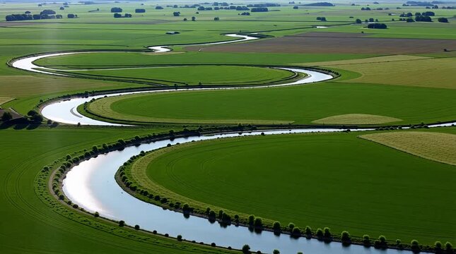 Serene river gracefully meanders through vibrant green agricultural fields under a bright, sunlit sky, creating stunning patterns.