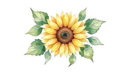 Watercolor Sunflower with Green Leaves on White Background, Artistic Floral Design