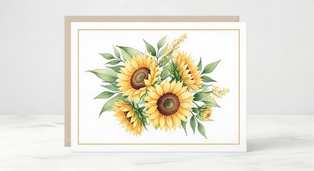 Watercolor Sunflowers Bouquet in Golden Frame, Elegant Floral Card Design