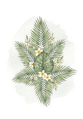 Watercolor Tropical Arrangement Featuring Palm Fronds, Plumeria, and Monstera Leaves