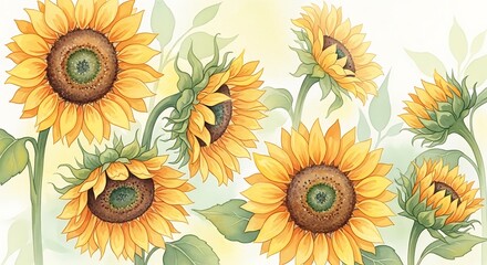 Watercolor sunflowers with detailed petals and leaves on a soft, light background