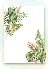 Watercolor Tropical Foliage Arrangement on White Background with Green and Brown Leaves