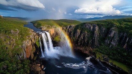 Obraz premium Majestic Waterfall Aerial View with Rainbow Lush Green Landscape