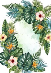Watercolor Tropical Foliage and Flowers Frame with White Space for Text