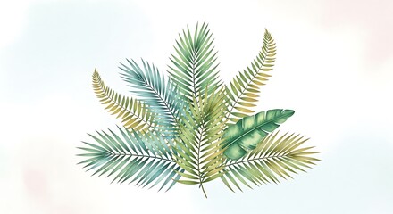 Watercolor Tropical Foliage Arrangement with Palm and Banana Leaves on White Background