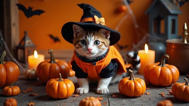 Adorable kitten in a Halloween costume surrounded by pumpkins and festive decorations, perfect for creating spooky and fun video content