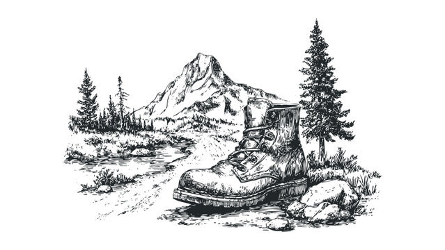 Sketch of a worn hiking boot resting on rocks beside a forest trail and mountain peak. Vector hand drawn illustration