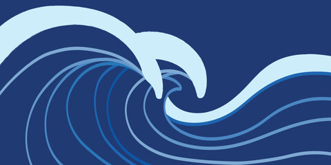 Stylized, hand-drawn vector art of a powerful Japanese-style wave. The dynamic lines and multiple shades of blue create a modern, fluid, and elegant design.